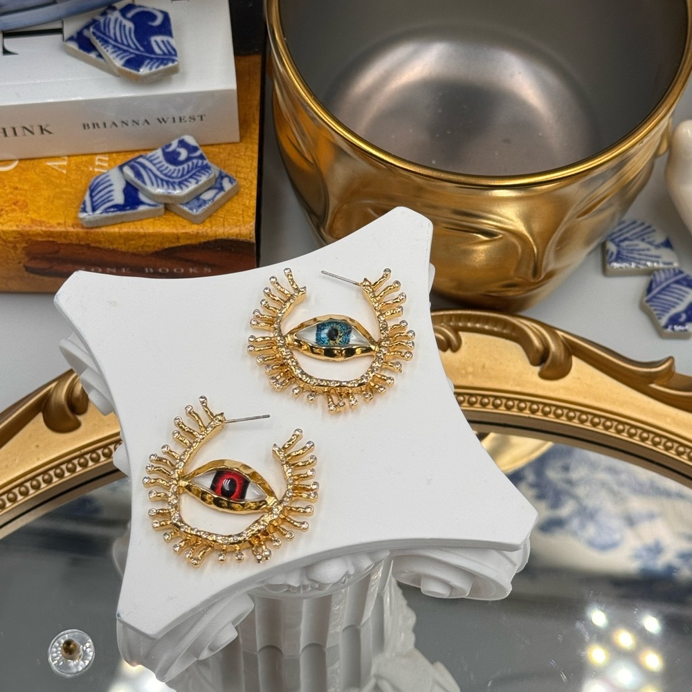 Artistic Gold Eye Earrings with Multicolor Accents